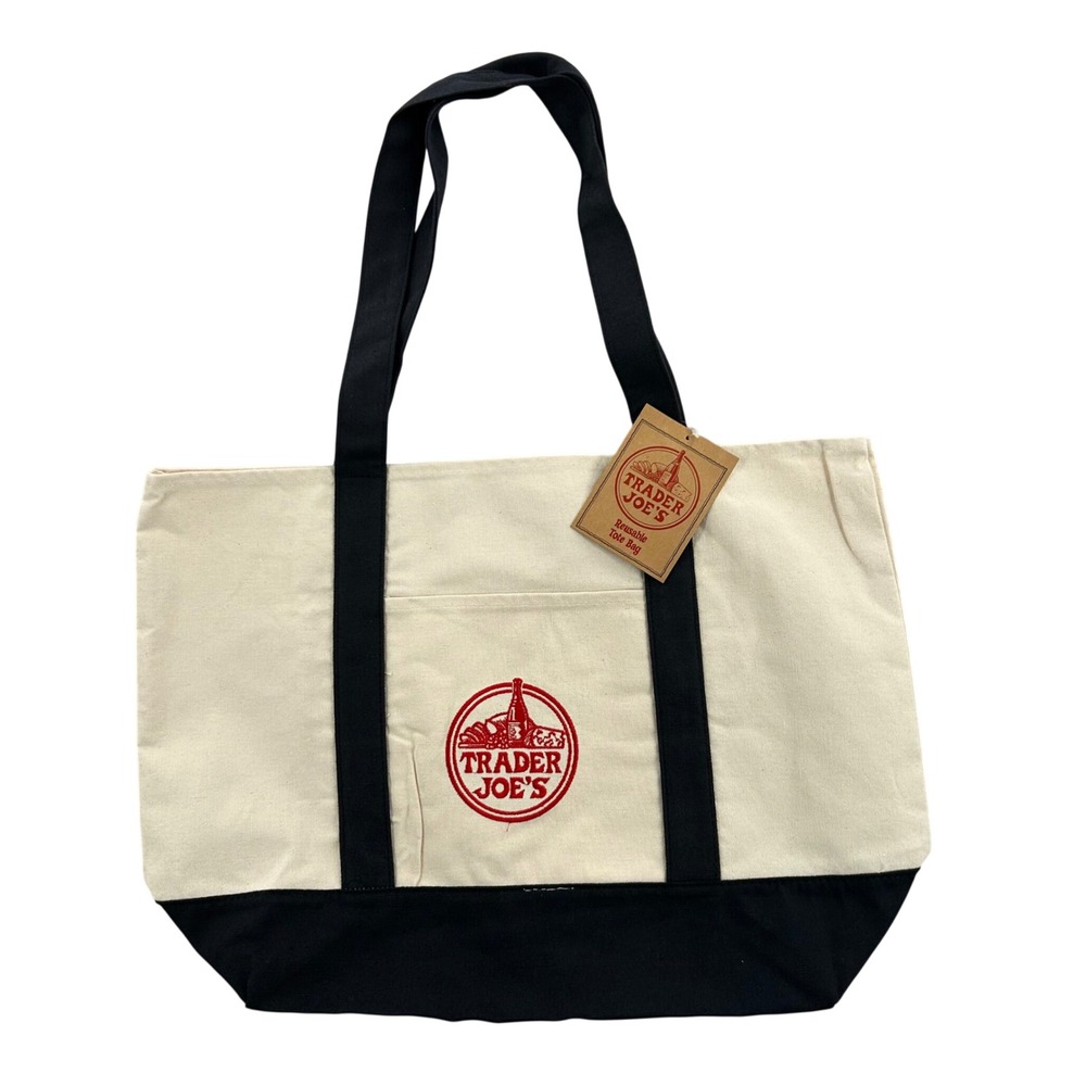 Trader Joe's Canvas Tote Bag Navy Blue Cream Embroidered Logo Reusable Grocery